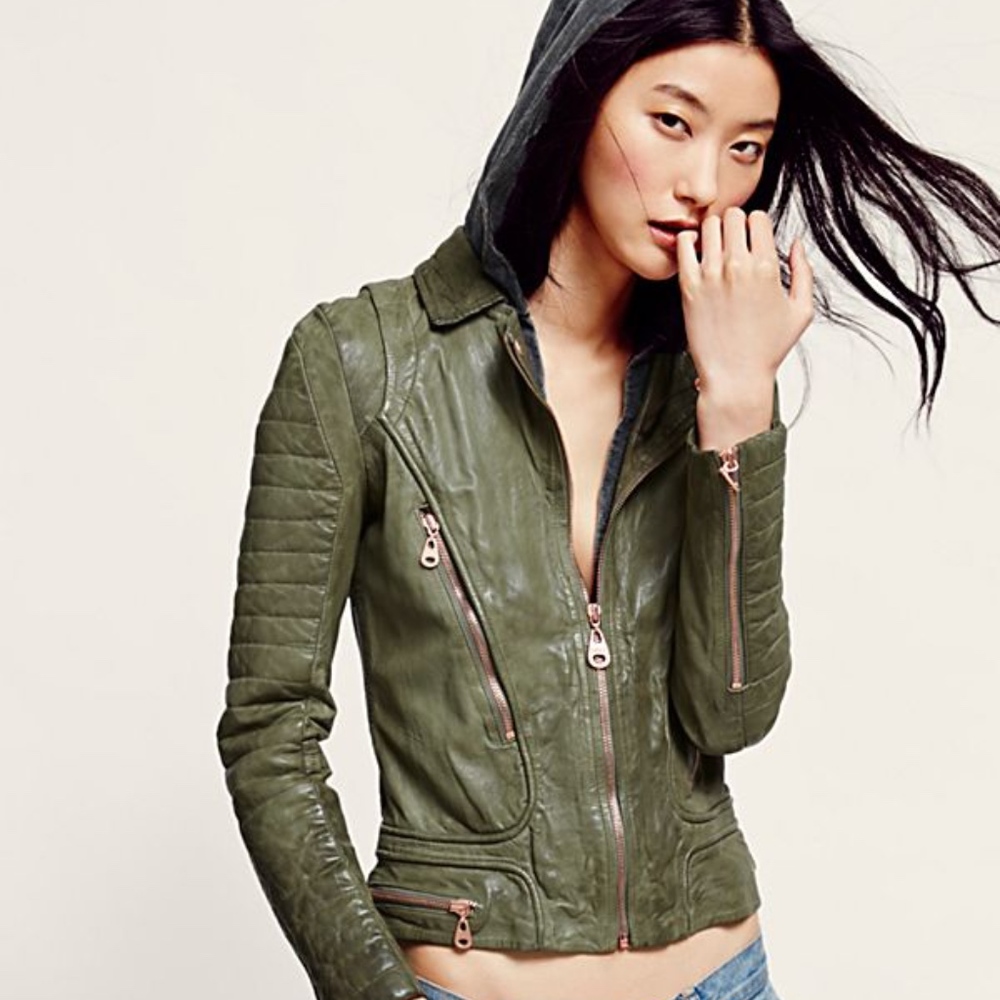 ISO Doma Free People Green Leather Jacket Hood S/M